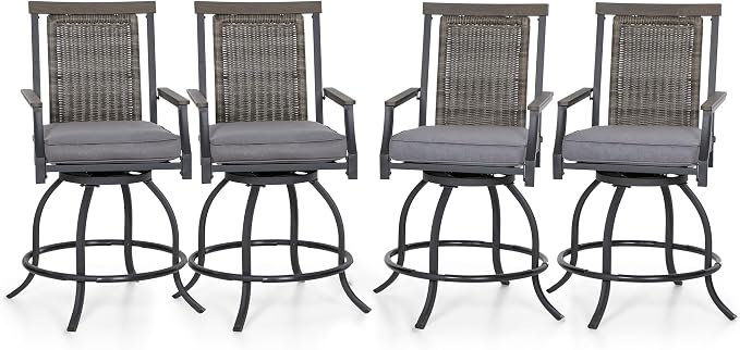 PHI VILLA Outdoor Swivel Bar Stools Set of 4, Rattan Backrest and Wood-Like by PHIVILLAThepioneerofcomfortablehouseholdsupplies