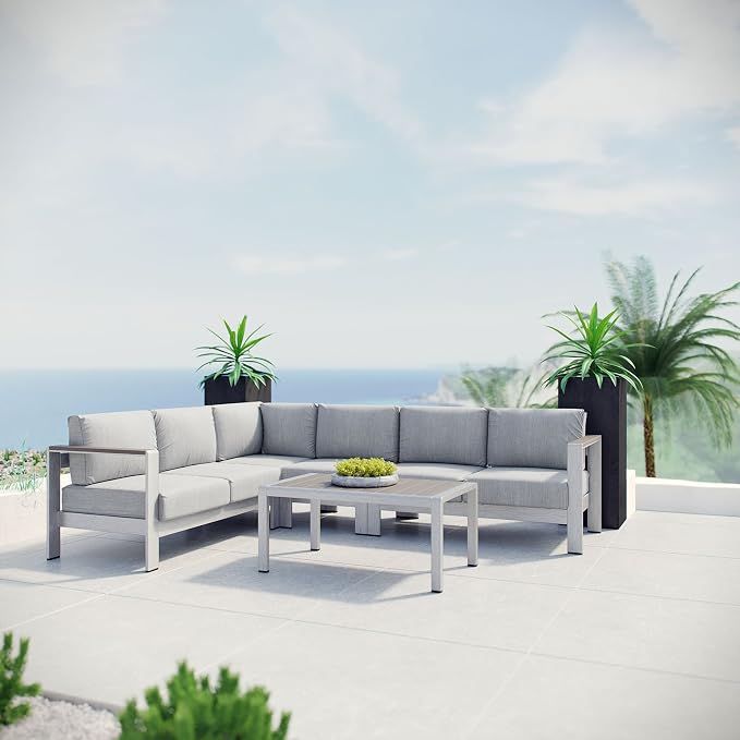Modway Shore 5-Piece Aluminum Outdoor Patio Sectional Sofa Set in Silver Gray - Image 2