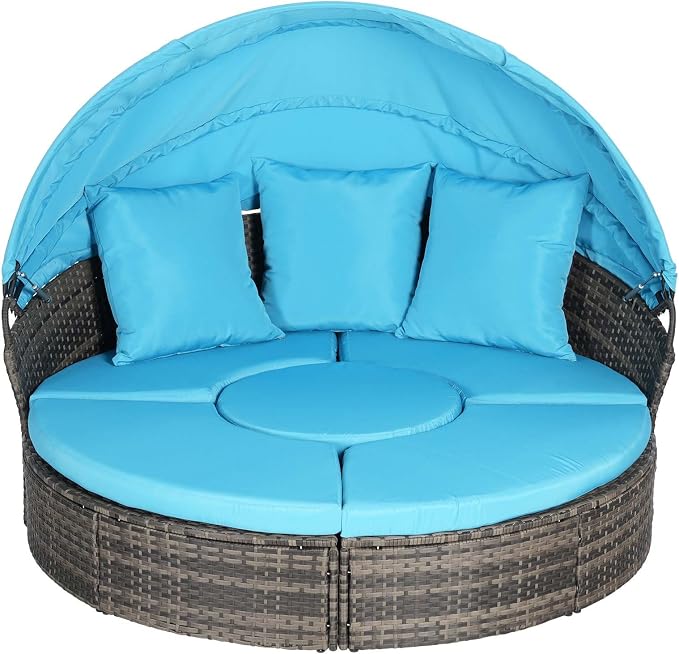 Merax 5 Pieces Outdoor Patio Round Daybed Furniture, All-Weather Wicker - Image 6