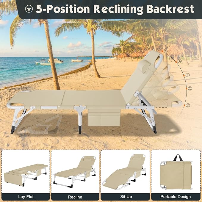 MOPHOTO Oversized Beach Lounge Chair, 5-Position Adjustable Tanning Chair - Image 6