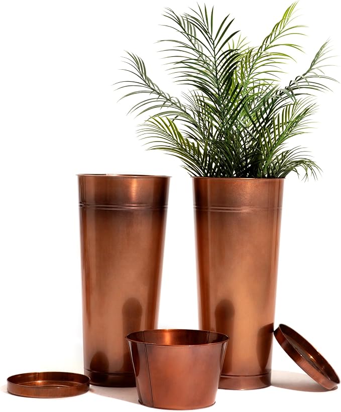 28in Tall Copper Planters Set of 2, Galvanized Steel Tall Outdoor Planter - Image 2