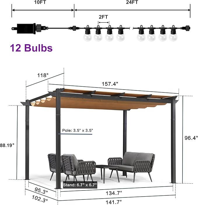 PURPLE LEAF 10' x 13' Aluminum Outdoor Pergola Modern Grape Trellis Retractable - Image 2