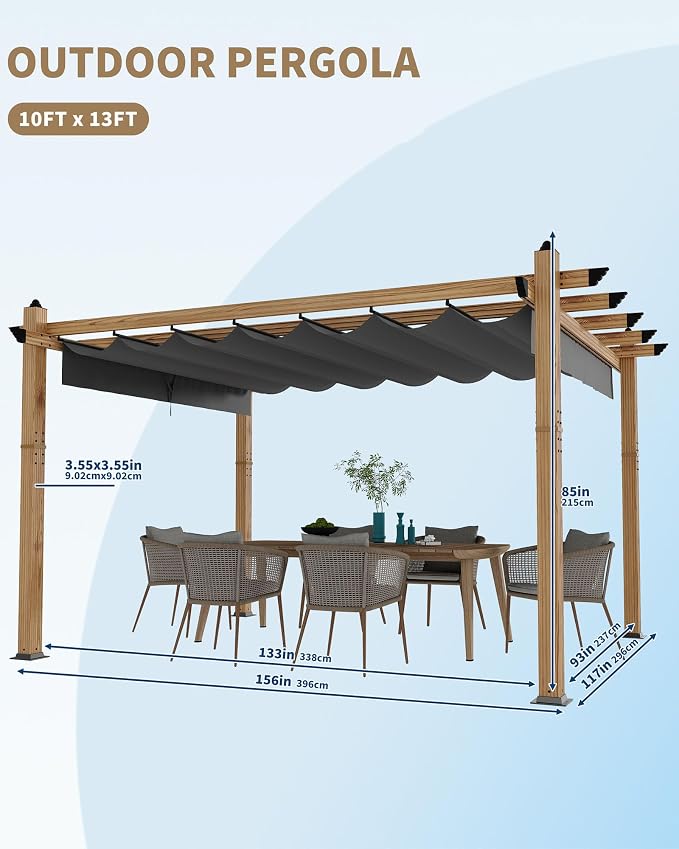 10x13 Ft Outdoor Pergola with Retractable Canopy Upgraded Aluminum Wood Grain - Image 6