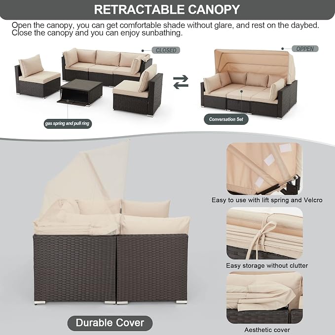Vicluke 6 Pieces Patio Furniture Sets Outdoor Sectional Sofa Set Rattan Daybed - Image 3