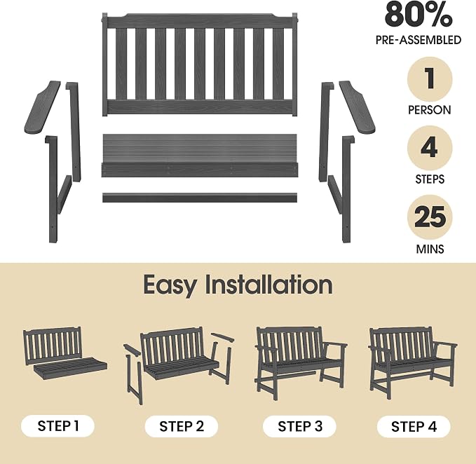 Ciokea 49" Heavy Duty Outdoor Bench, HDPE Weatherproof Porch Benches, Durable - Image 6