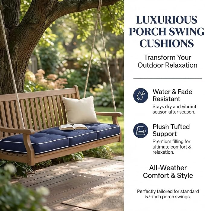 3 Seat 57 Inches Outdoor Porch Swing Cushions, Water-Resistant Tufted Patio - Image 4