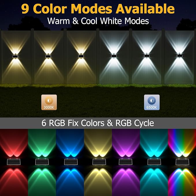 Solar Fence Lights Outdoor, 6 Pack Waterproof LED Warm & Cool White RGB Wall - Image 2