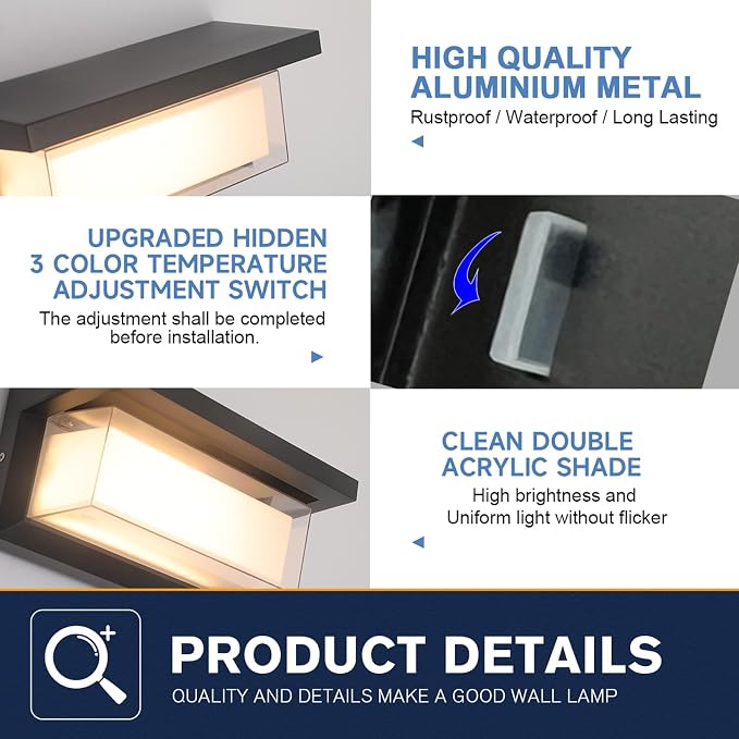 24W LED Outdoor Wall Lights Exterior/Interior Adjustable 3-Color Sconces Lights - Image 7