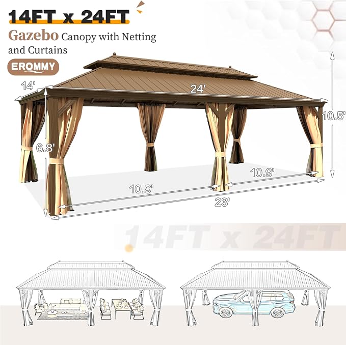 EROMMY 14'x24' Hardtop Gazebo Double Roof Galvanized Steel Outdoor Gazebos - Image 2