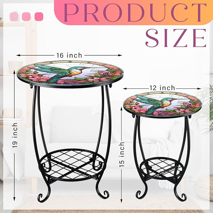 2 Pcs Outdoor Side Table Small Patio Round Mosaic Accent Indoor End Table Plant - Image 3