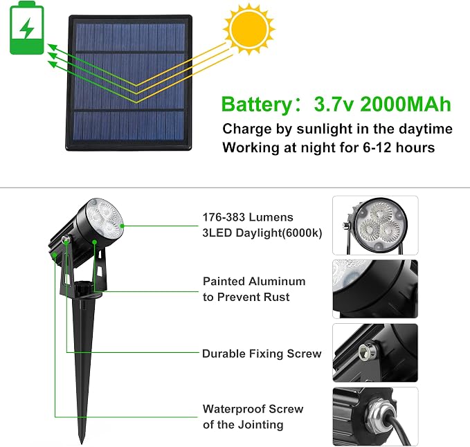 Solar Spot Lights Outdoor, 3-in-1 Garden Spotlights IP65 Waterproof 9.8ft Cable - Image 2