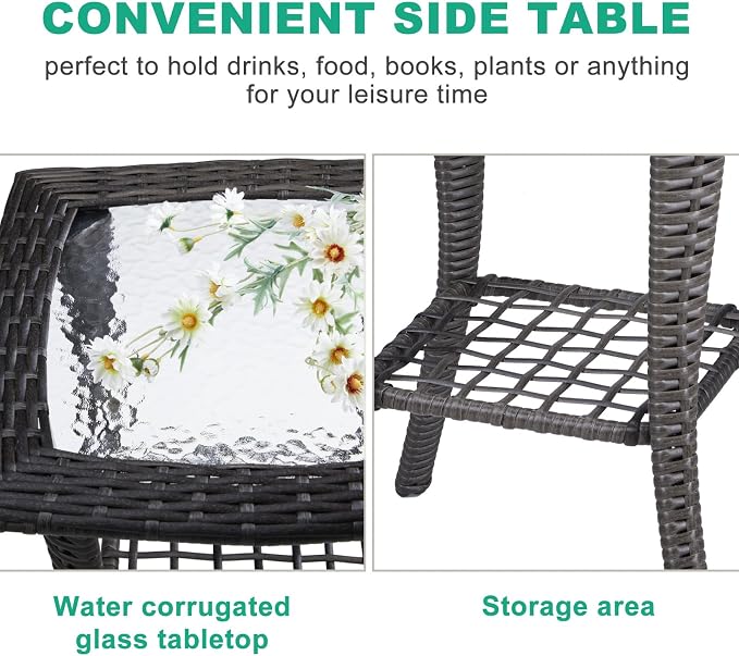 VINGLI Outdoor Side Table with Storage Wicker Patio Side Table, Tempered Glass - Image 5