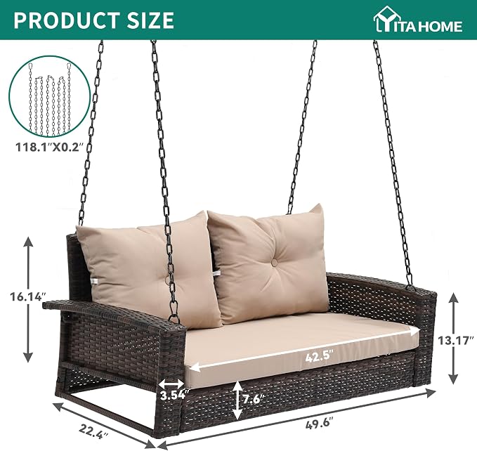YITAHOME Wicker Hanging Porch Swing Chair Outdoor Brown Rattan Patio Swing - Image 2