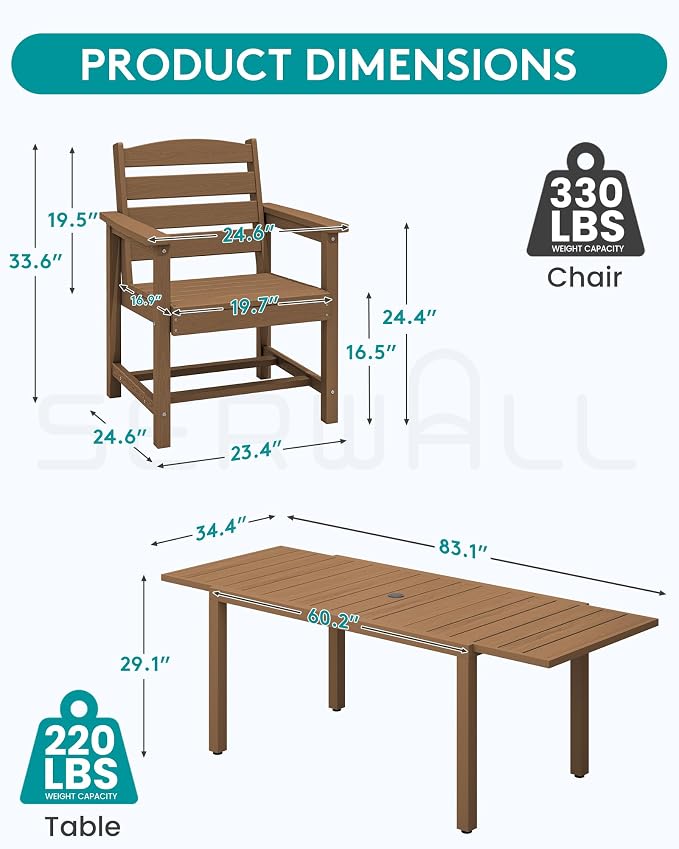 SERWALL 7-Piece Patio Dining Sets, All Weather HDPE Outdoor Furniture Set - Image 2