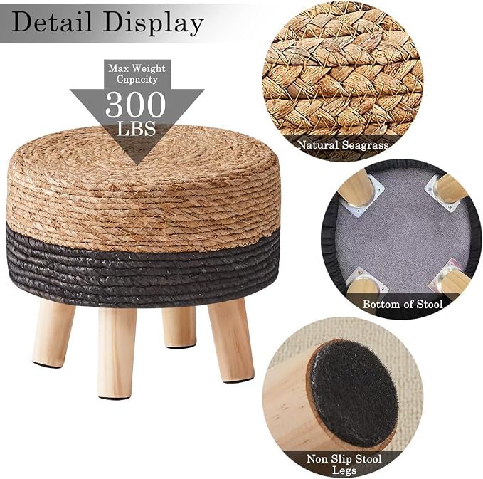 Wimarsbon Round Foot Stool Natural Seagrass Poufs Ottoman Hand Weave Footrest - Image 5