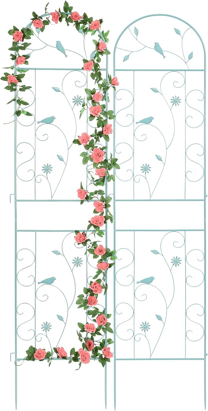 Metal Garden Trellis for Climbing Plants, 2 Pack 86.5" x 19.7" Green Plant by FHWTY