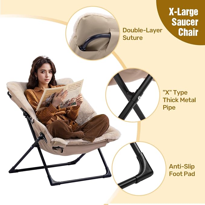 HollyHOME X-Large Saucer Chair, Comfy Oversized Folding Chair, Faux-Fur Reading - Image 6