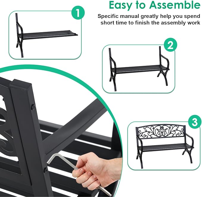 FDW Outdoor 50 Inches Garden Bench, Slatted Seat Armrests Floral Design Backres - Image 4