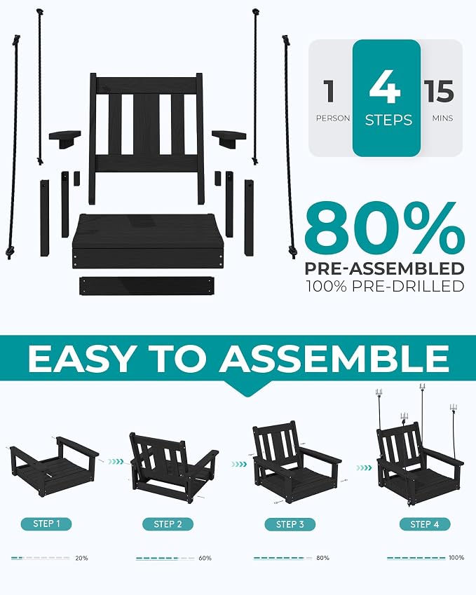 SERWALL HDPE Single Porch Swing Set of 2, Heavy Duty Single Person Swing Chair - Image 7