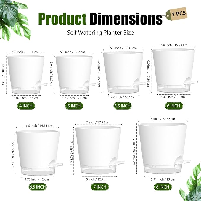 Plant Pots 4/5/5.5/6/6.5/7/8 Inch Self Watering Pots, 7 Pack Plastic Planters - Image 5