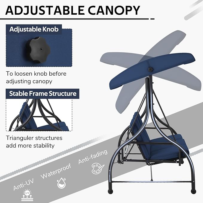U-MAX Porch Swing Chair with Adjustable Backrest&Canopy, 3 Seat Patio Swing - Image 3
