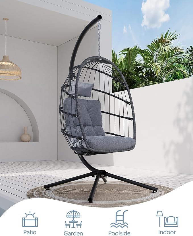 SWITTE Egg Chair Outdoor with Stand, Indoor Wicker Hanging Egg Swing Chair with - Image 6