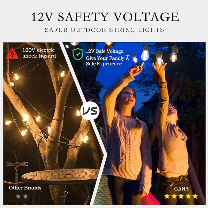 GANA 12V Low Voltage & Safe LED Outdoor String Lights, 48FT 15 Shatterproof - Image 6