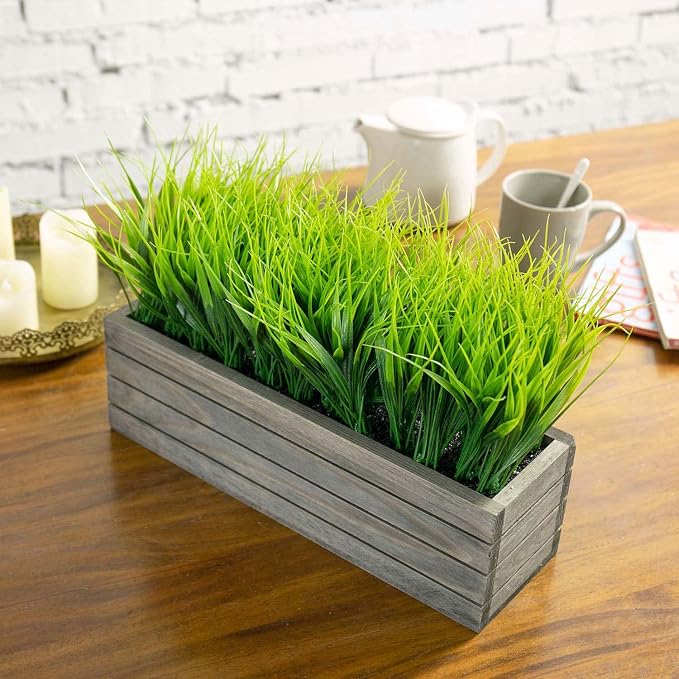 MyGift 14 Inch Artificial Green Grass Plant in Vintage Gray Wood Planter Window - Image 4