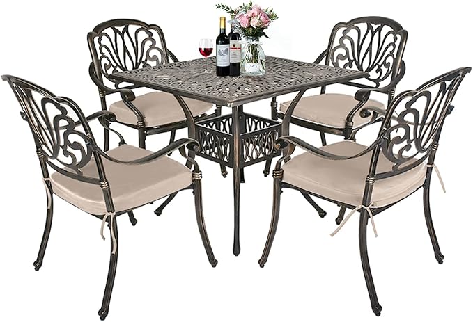 TITIMO 5-Piece Cast Aluminum Outdoor Patio Dining Set, 4 Pattern Chairs and by TITIMO