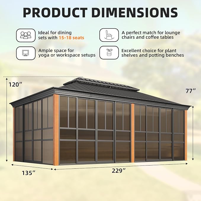 EROMMY 12' X 20' Hardtop Sunroom, Galvanized Steel Double Roof Gazebo Solarium - Image 2