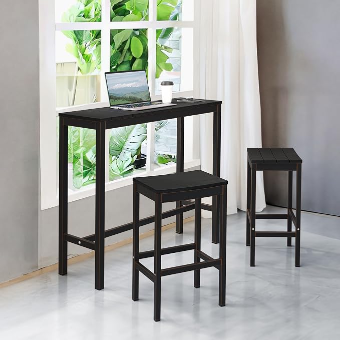 Outdoor Bar Height Table and Chairs Set, 3 Piece Black Top and Bronze Leg Patio - Image 2