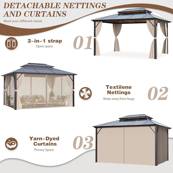EROMMY 12'x16' Gazebo Polycarbonate Double Roof Pavilion Gazebo Outdoor - Image 6