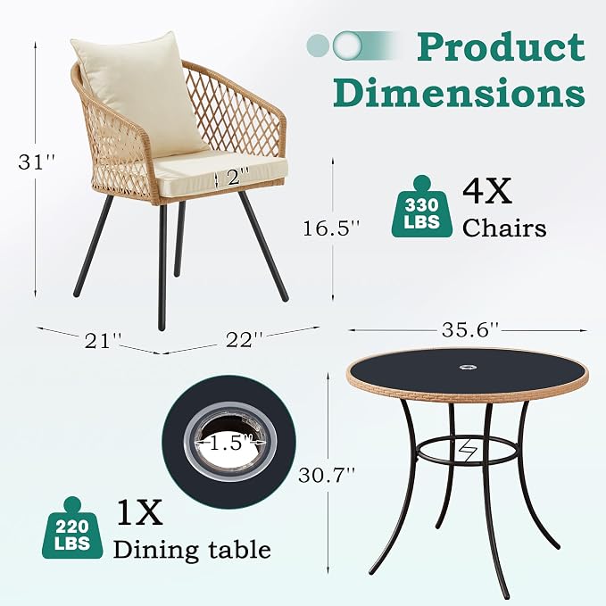ECOTOUGE 5 Piece Patio Dining Set, Wicker Outdoor Furniture Set w/Glass Round - Image 4