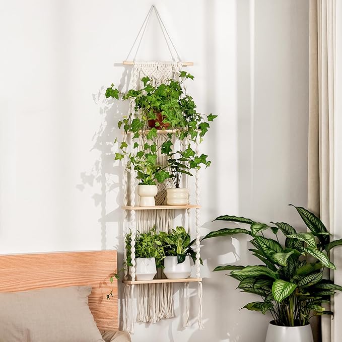 Bamworld Plant Wall Shelf Boho Plant Stand Window Plant Shelf 3 Tier Macrame by Bamworld