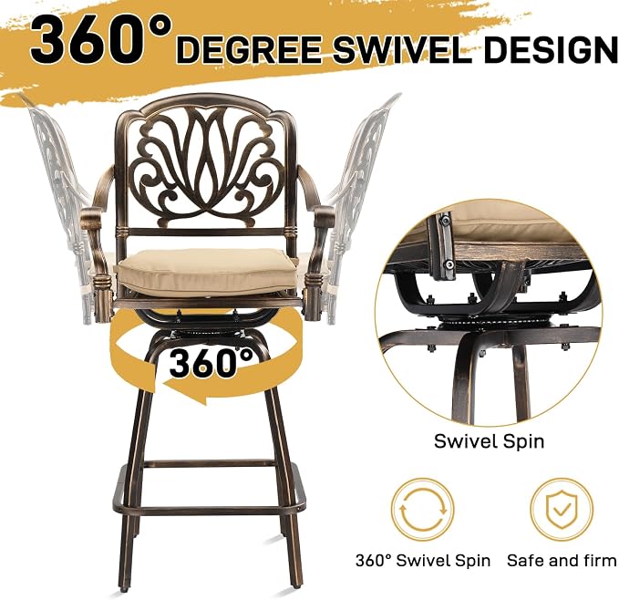 Outvita Set of 2 Outdoor Swivel Bar Stools-Cast Aluminum, Bar Height Patio - Image 5
