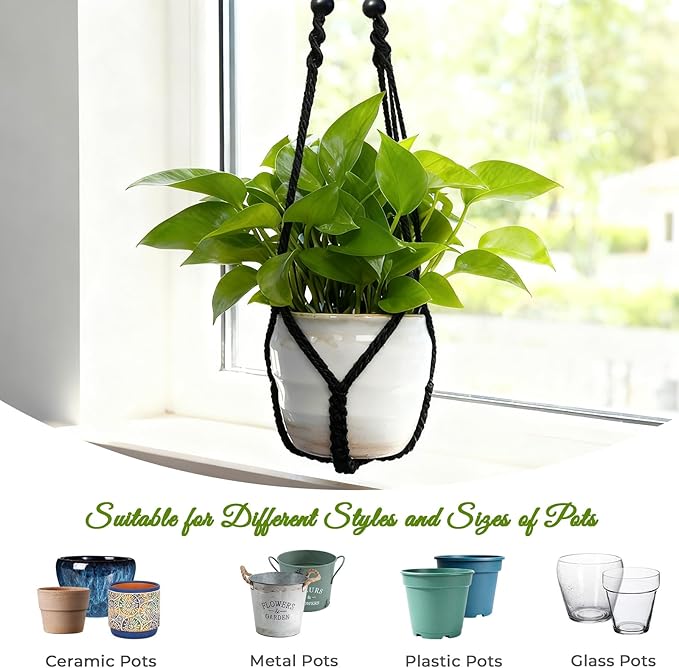 Macrame Plant Hanger, Wood Beads Cotton Hanging Planter Holder - Image 6