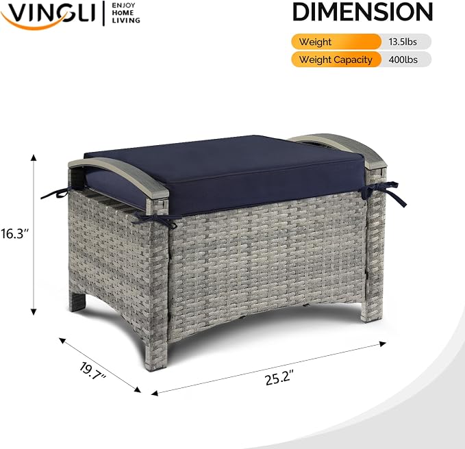 VINGLI Wicker Outdoor Ottoman Set of 2, All Weather PE Rattan Footstool - Image 3