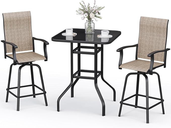 3-Piece Patio Bar Set with Textilene Swivel Bar Stools, All-Weather Bar Height by BUPPLEE