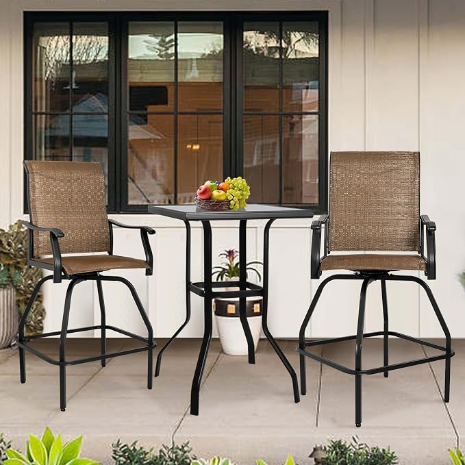 LEVELEVE Patio Bar Set 3pcs Swivel Bar Stools Outdoor Bistro Textilene - Image 2