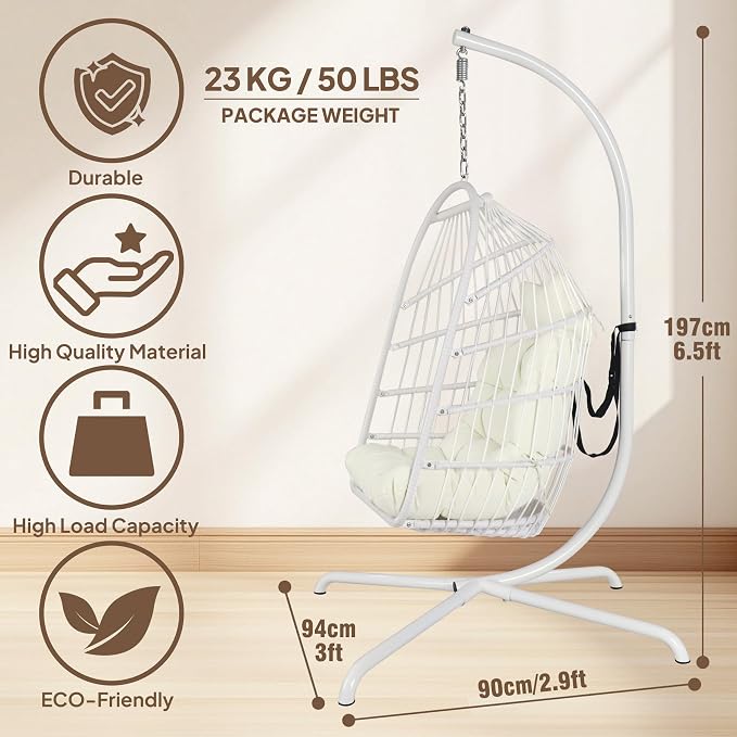 Chihee Egg Chair with Ultra Strong Stand and Cushion Foldable Wicker Rattan - Image 2