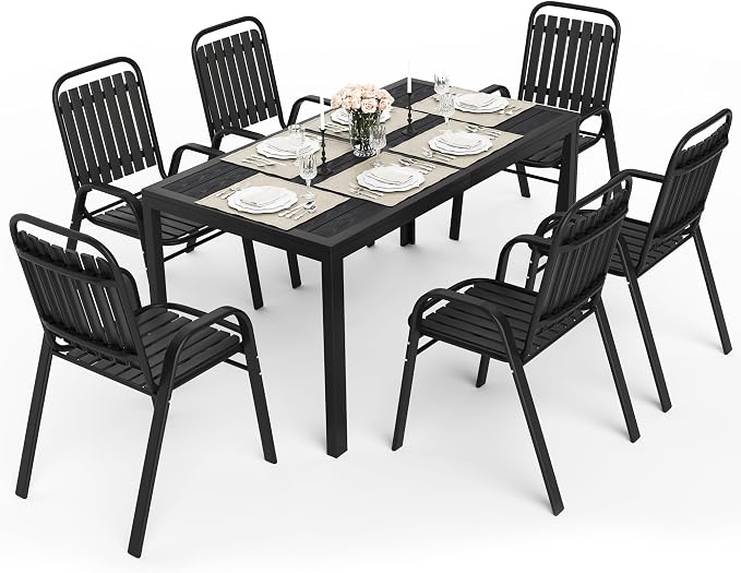 Pamapic Outdoor Dining Sets for 6, Rectangular Steel Slat Table - Image 2