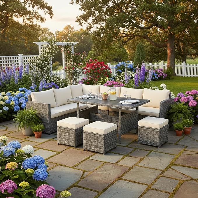 Tangkula 7 Pieces Patio Furniture Set, Outdoor Sectional Rattan Dining Sofa Set - Image 3