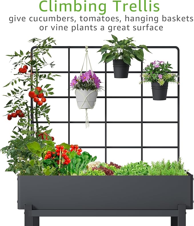 Metal Raised Garden Bed with Trellis & 2-Tier Storage Shelf, Elevated Planter - Image 3