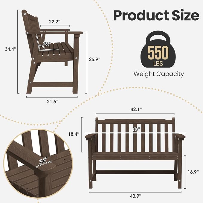 Ciokea 48" Outdoor Bench, HDPE Weatherproof Porch Bench, 2-Person Garden Benches - Image 2