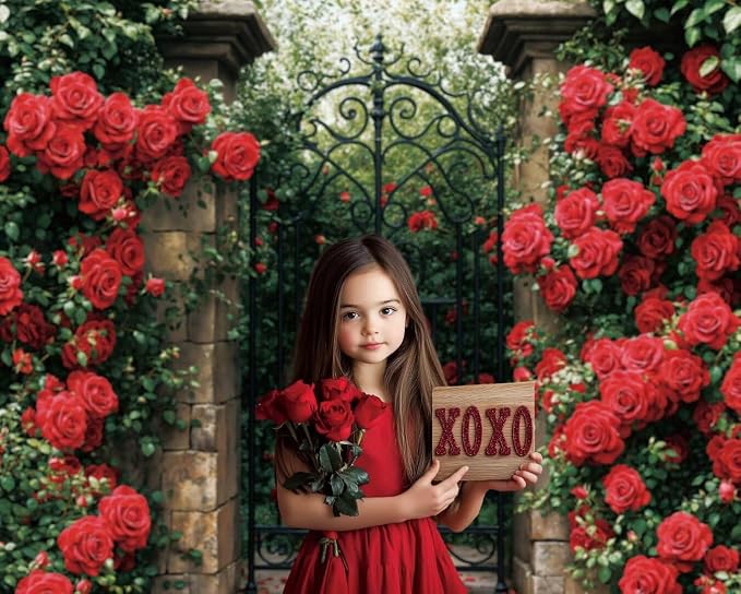 Kate Valentine's Day Gate Backdrop Valentine Red Roses Garden Background - Image 2