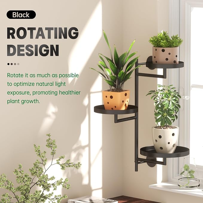 Window Rotating Plant Stand Shelf Indoor Black Metal Floating Shelves 3-Tier - Image 2
