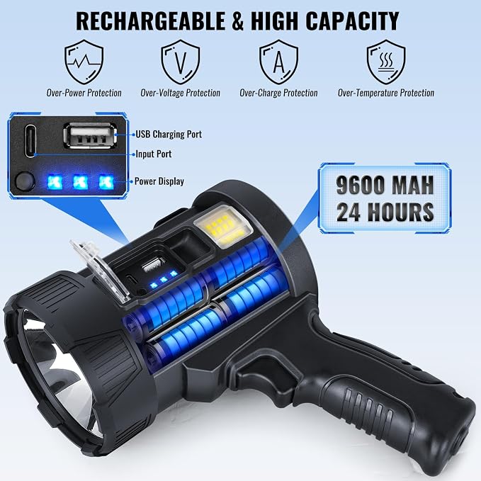 Rechargeable Spotlight, 000 LM Super Bright Handheld Spot Light LED Flashlight - Image 3