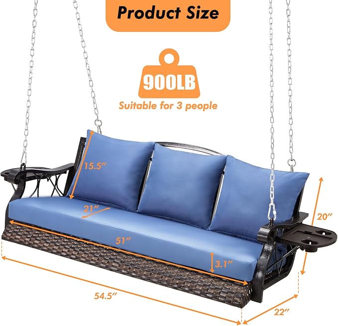 Heavy Duty 900 LBS Porch Swing Chair 3-Person Outdoor Rattan Patio Swing Lounge - Image 6