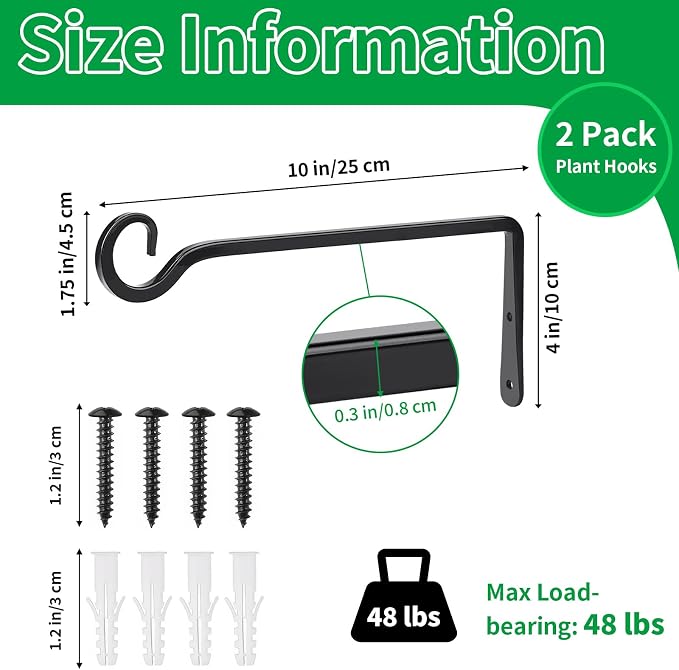 Metal Hanging Plant Hooks, 2 Pack 10 Inch Wall Hooks - Image 2