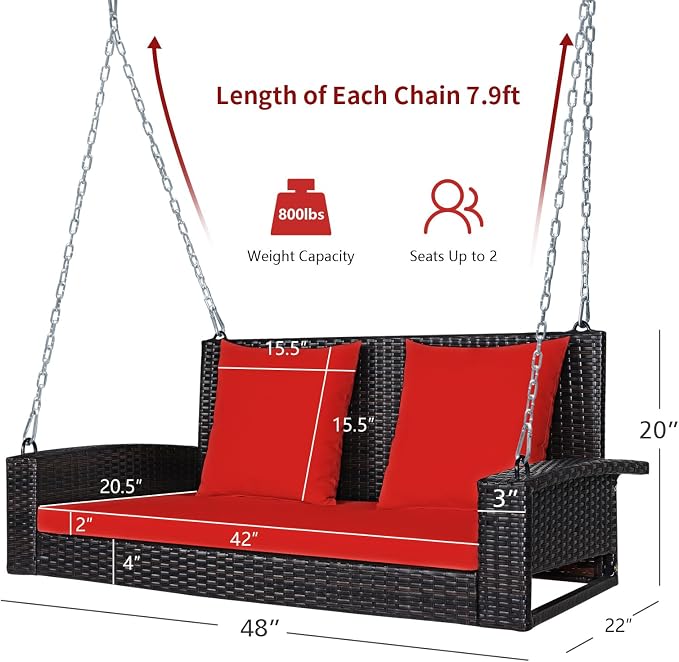 DORTALA Hanging Porch Swing, 2-Person Outdoor Wicker Swing Chair Bench - Image 5